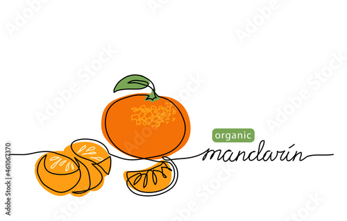 Mandarin, tangerine vector illustration. One line art drawing with lettering organic mandarin