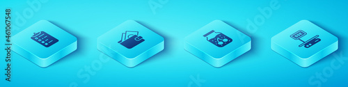 Set Isometric Shopping list, Wallet with money, Electronic scales and Jam jar icon. Vector