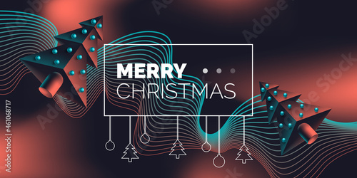 merry christmas creative wallpaper  design with 3d geometric spruce trees abstract waves on dark background vector illustration