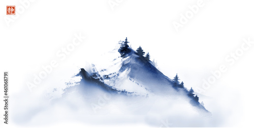 Ink painting with blue mountain peak on white background. Traditional oriental ink painting sumi-e, u-sin, go-hua. Translation of hieroglyph - silence