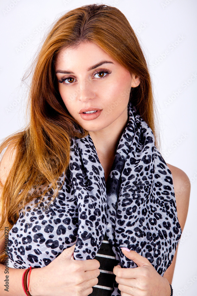 model posing in the studio with leopard scarf model posing in the studio with leopard scarf