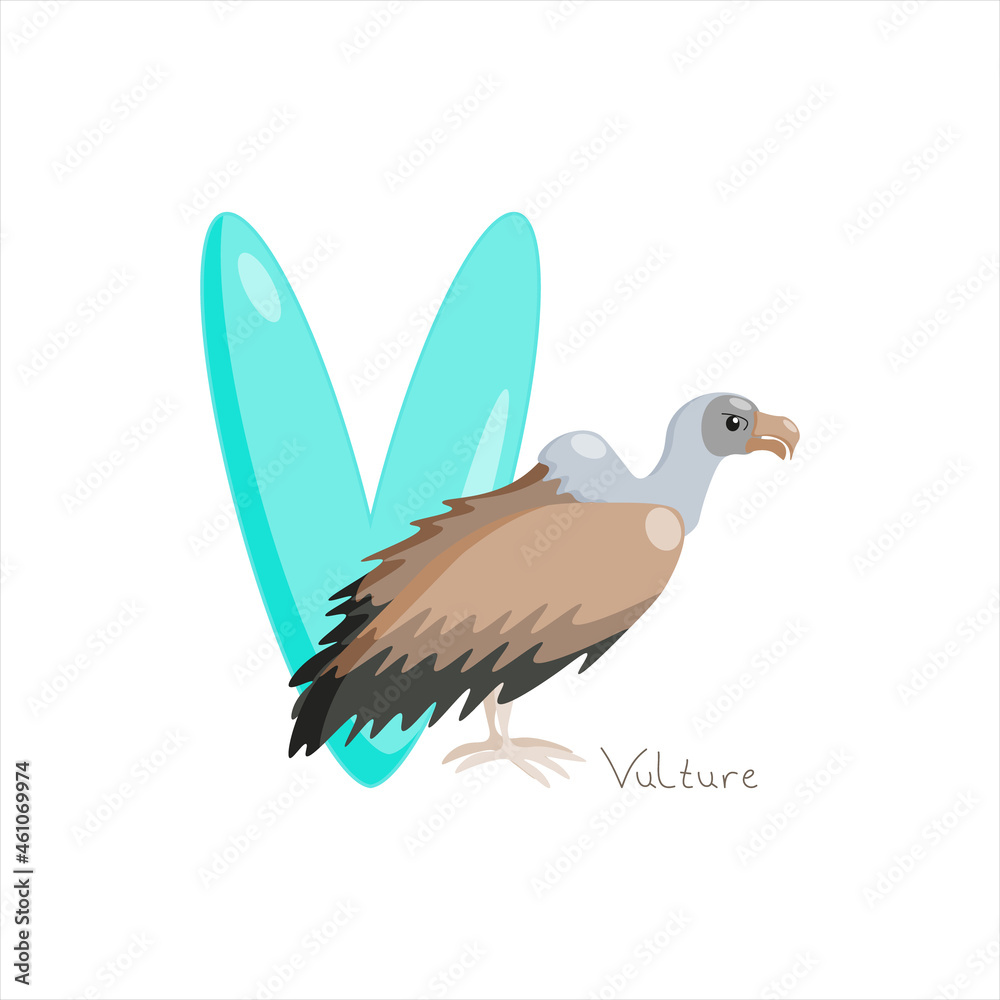 Obraz premium Letter V. Children's alphabet, cute vulture. Vector illustration for learning English.