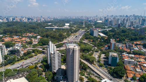 Aerial view of the city of S  o Paulo  Brazil. In the neighborhood of Vila Clementino  Jabaquara  south side. Aerial drone photo. Avenida 23 de Maio in the background