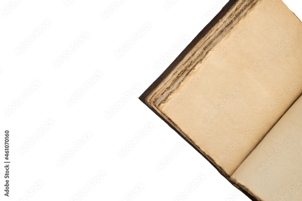 An open empty old notebook isolated on a white background. Stock Photo