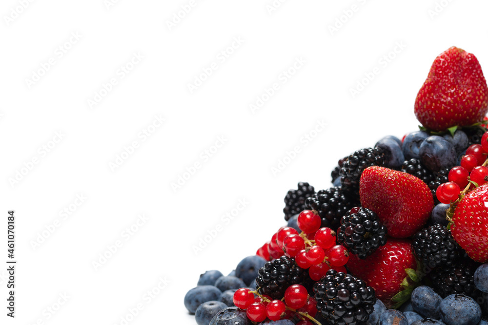 Blackberry, raspberry, blueberry, red currant and mint background. Blackberry, raspberry, blueberry, red currant and mint background.