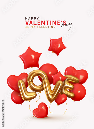 LOVE Gold text. Bunch of red helium balloons. Heart shaped balloons and stars. Realistic 3d design for Valentine's Day, wedding, birthday. Romantic holiday. Vector illustration