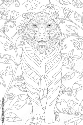 tiger standing in fancy flowering forest for your coloring book