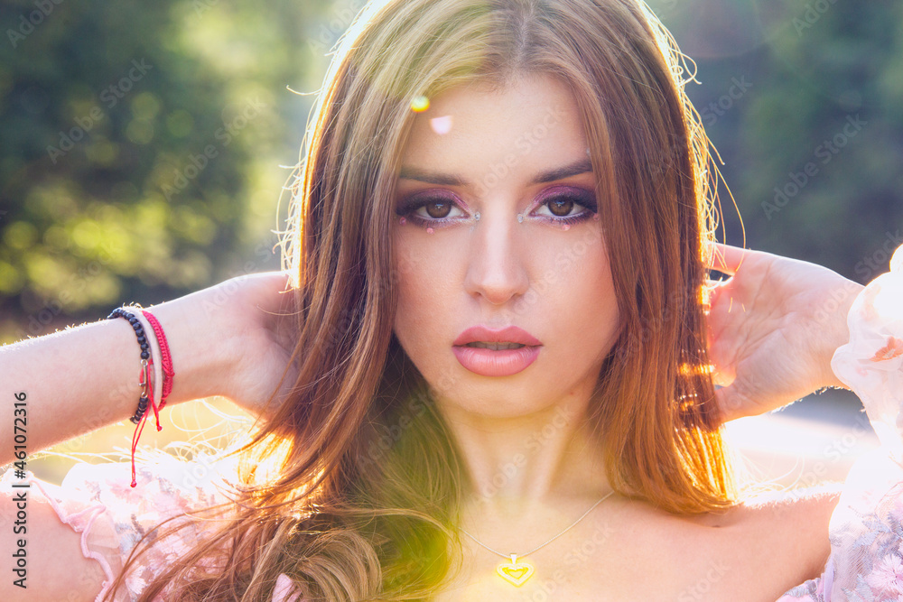 Fairy make up shoot outdoor in the woods. Pink make up close up shoot at golden hour Fairy make up shoot outdoor in the woods. Pink make up close up shoot at golden hour
