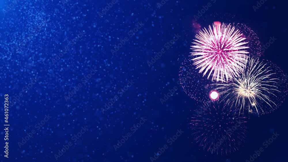 Beautiful colourful Fireworks Shiny Display at Night Loop Background. For 4th of July, festival, Anniversary, Celebration, Party, New Year, Happy Birthday, Wedding, Confetti, Diwali, Christmas.