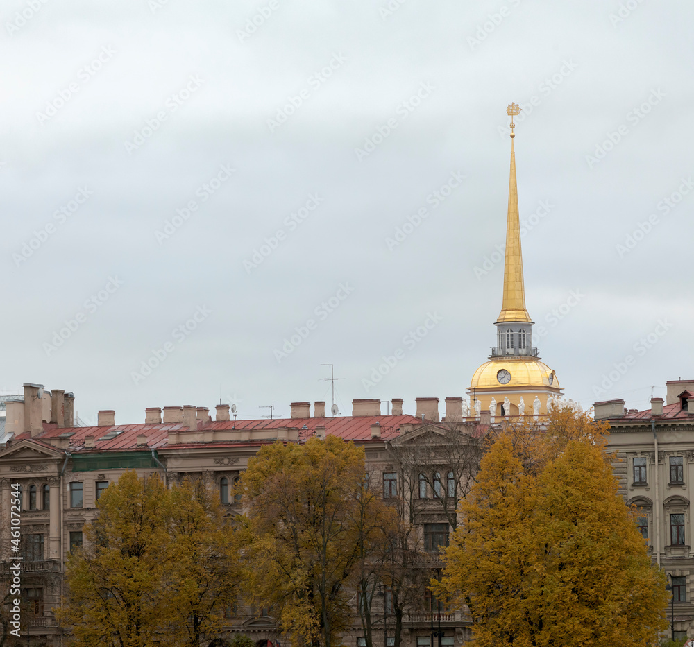 Spire of the main building of the Admiralty. View of the historic city center in autumn. Saint Petersburg, Russia.