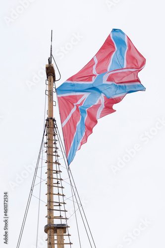 Guys (bow flag of the ship) and the serf flag of Russia. Flag in the wind.