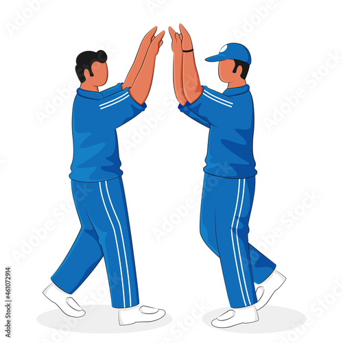 Faceless Cricket Players Doing High Five On White Background.
