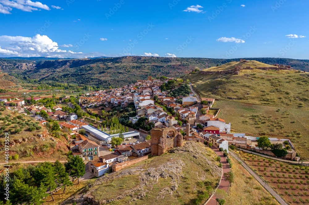 Aerial panoramic view of Alcaraz Spain, from the aqueduct arch