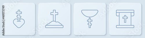 Set line Religious cross in heart, Christian on chain, Grave with and Flag christian. White square button. Vector