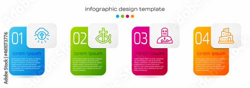 Set line Religious cross in circle, Christian fish, Knight crusader and Babel tower bible story. Business infographic template. Vector