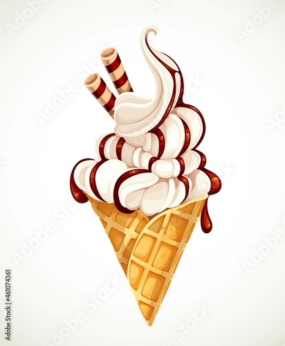 Soft vanilia ice cream poured with chocolate syrup in a waffle cup with wafer rolls isolated on a white background