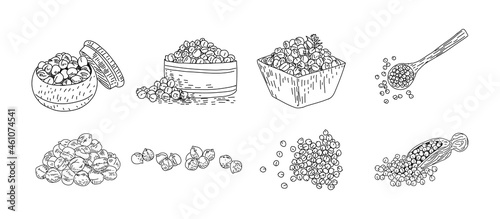 Set of healthy food chickpeas vector illustration. Hand-drawn ink elements.