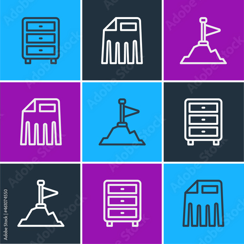 Set line Archive papers drawer, Mountains with flag on top and Paper shredder icon. Vector