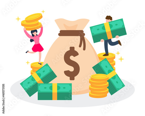 Man and woman stand on pile or stack of golden coins with money bag and banknotes. Creative financial concept of rich or wealth. Trendy cute cartoon flat vector illustration. Graphic design element.