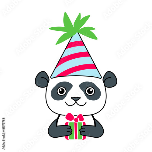 Little happy panda in birthday cone hat holding present box. Cute chiness cartoon character for decoration, design birthday, greeting card,invitation, poster, party.Doodle vector illustration.
