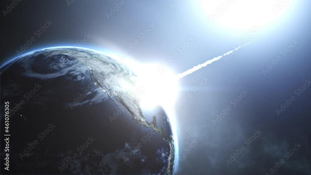 Asteroid strike over Earth. 3D Animation of Meteor Impact causing apocalypse.