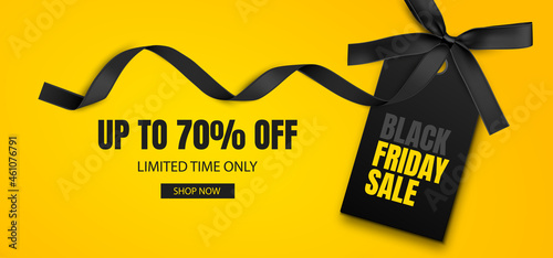 Black Friday Sale Banner. Discount background with black label and black ribbon with bow. Vector 