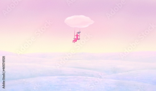 Idea concept art of inspiration , motivation, dream, freedom and imagination concept. Fantasy painting of a woman on a swing from a cloud. surreal conceptual artwork. illustration
