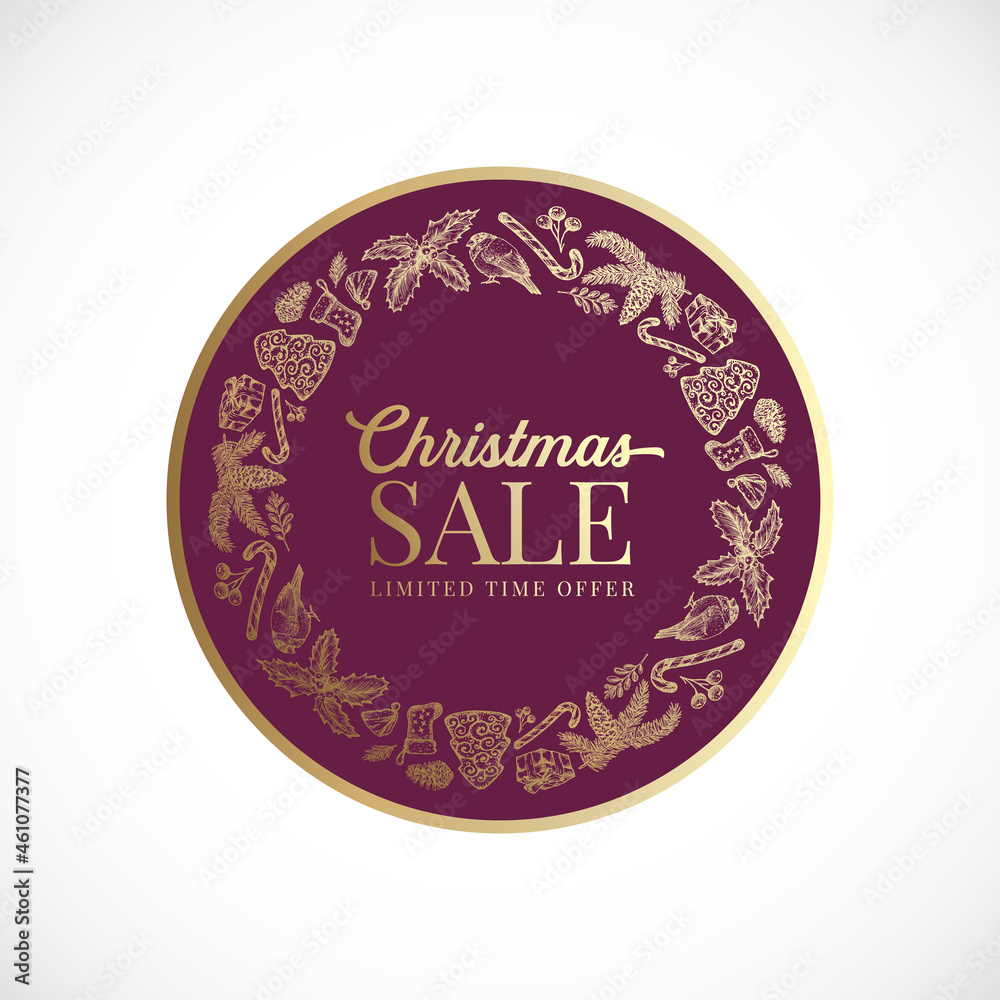 Christmas and New Year Hand Drawn Greeting Wreath, Frame Banner or Card Template. Abstract Golden Vector Label with Retro Typography and Season Holiday Sketches. Isolated Christmas and New Year Hand Drawn Greeting Wreath, Frame Banner or Card Template. Abstract Golden Vector Label with Retro Typography and Season Holiday Sketches. Isolated