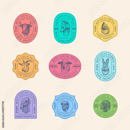 Meat Vegetables and Poultry Farm Retro Framed Badges or Logo Templates Collection. Hand Drawn Domestic Animals and Birds Sketches with Retro Typography. Vintage Sketch Emblems Set. Isolated