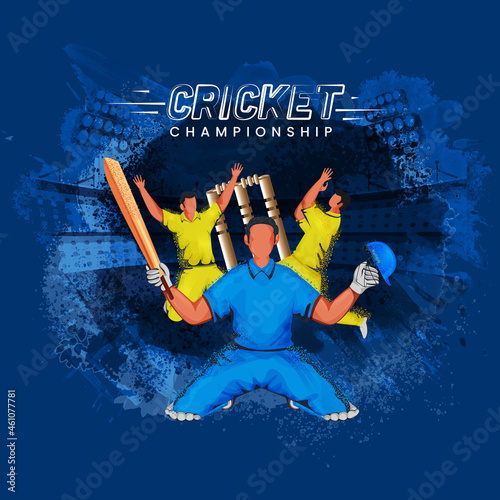 Cricket Championship Concept With Faceless Batsman, Bowler Player In Dispersion Effect On Blue Grunge Background.