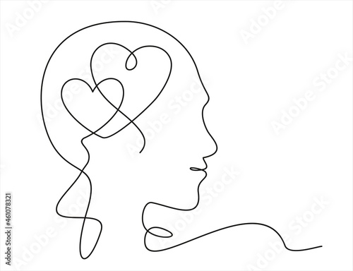Continuous one line drawing of human head with a hearts. Vector illustration