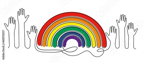 Continuous one line drawing of hands  and rainbow with LGBT  flag color, Vector illustration
