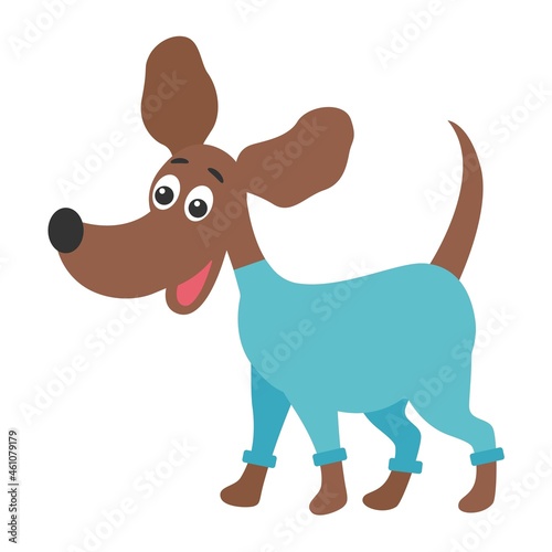 Funny dog       with dyne ears in overalls  vector illustration. Pet for a walk. Smooth-haired medium-sized brown dog  isolated object