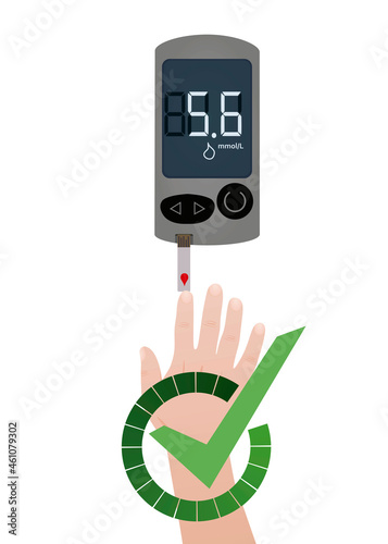 Blood drop from hand to diabetes device. vector