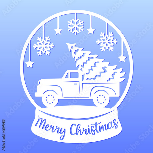 Snow globe with christmas truck, tree, snowflakes, stars. Merry Christmas phrase. Holiday symbols. Paper or laser cut template. Vector illustration. For postcard, window and wall decorations.