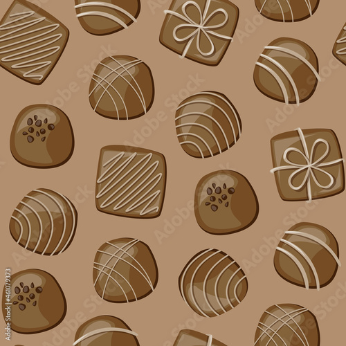 Vector cartoon seamless pattern with chocolate sweets isolated on brown background.