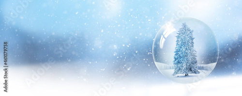 Schneekugel mit Tannenbaum vor unscharfem Hintergrund