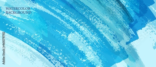 Blue watercolor abstract background. Vertical backdrop with hand painted brush strokes. Natural texture imitation.