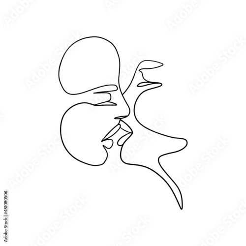 One line lovers drawing. Outline kiss art, abstract doodle two faces, man woman couple minimal vector illustration
