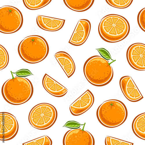 Vector Orange Seamless Pattern  square repeating background with whole and sliced cartoon oranges with green leaves  poster with cut out illustrations of various ripe citrus fruits on white background