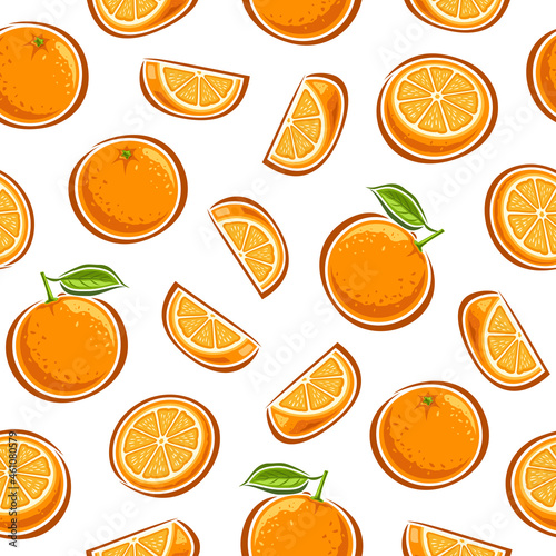 Vector Orange Seamless Pattern, square repeating background with whole and sliced cartoon oranges with green leaves, poster with cut out illustrations of various ripe citrus fruits on white background