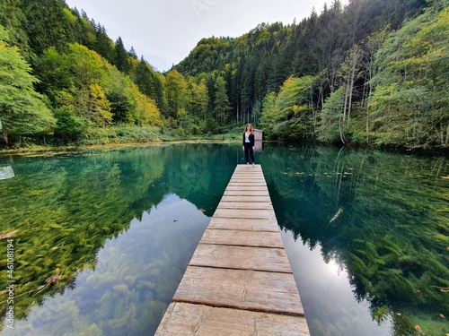 Beautiful girl on a wooden landing stage in Austria