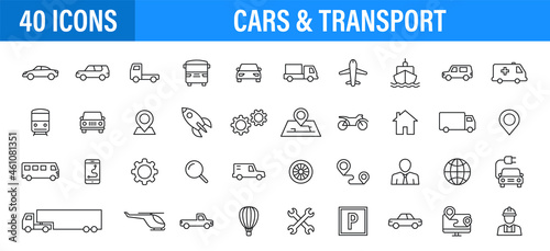 Set of 24 Transport web icons in line style. Airplane, bus, parking, travel, train, comfortable. Vector illustration