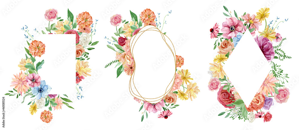 Floral watercolor frame set of green leaves, twigs, branches, foliage, rose, peony, chrysanthemum, anemone. Botanical banner set illustration for wedding invite, bridal shower