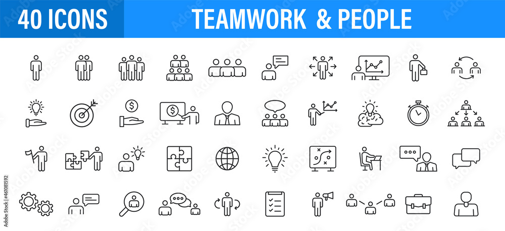 Set of 24 Teamwork icons in line style. Team Work, people, support, business. Vector illustration