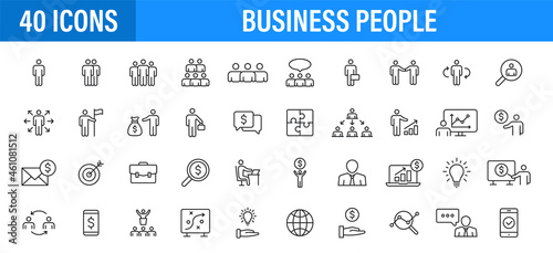 Set of 24 Business people and teamwork web icons in line style. Business, teamwork, leadership, manager. Vector illustration