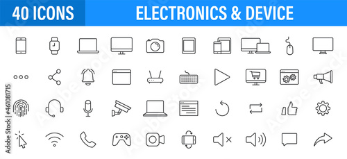 Set of 24 Electronics web icons in line style. Device, phone, laptop, communication, smartphone, ecommerce Vector illustration