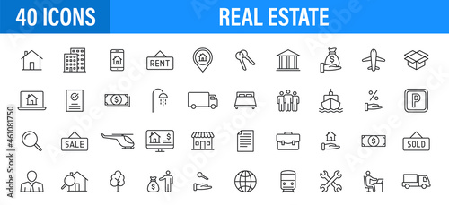 Set of 24 Real Estate web icons in line style. Rent, building, agent, house, auction, realtor. Vector illustration