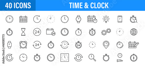 Set of 24 Time and clock web icons in line style. Timer, Speed, Alarm, Calendar. Vector illustration