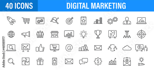 Set of 24 Digital Marketing web icons in line style. Social, networks, feedback, communication, marketing, ecommerce. Vector illustration